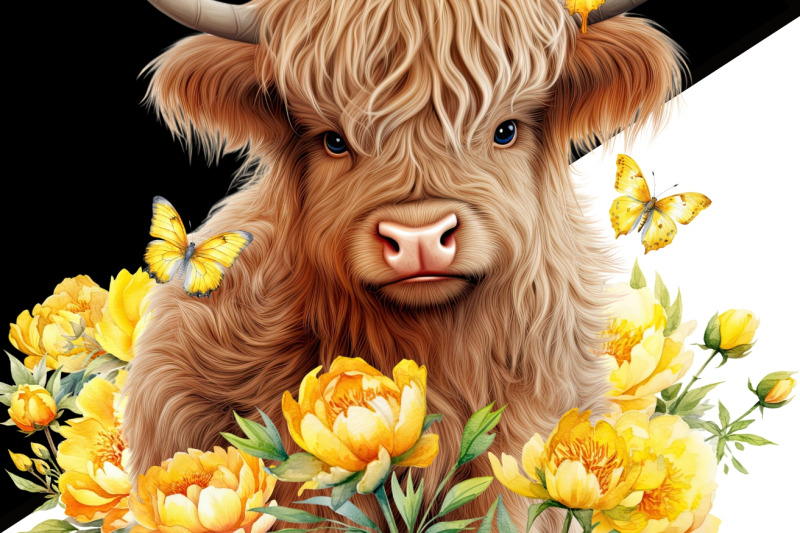 little-cow-with-peonies-highland-cow-printable-art-sublimation-png