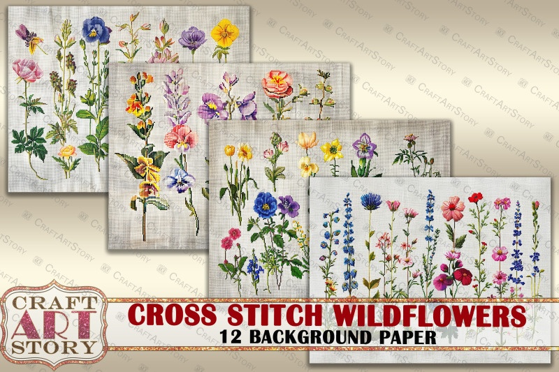 cross-stitch-wildflowers-background-paper-fabric-embroidery