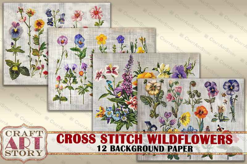 cross-stitch-wildflowers-background-paper-fabric-embroidery