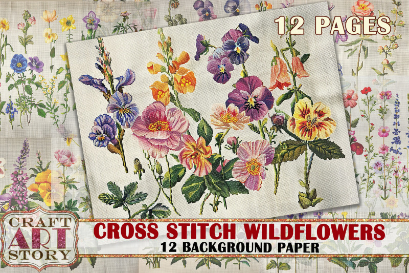 cross-stitch-wildflowers-background-paper-fabric-embroidery