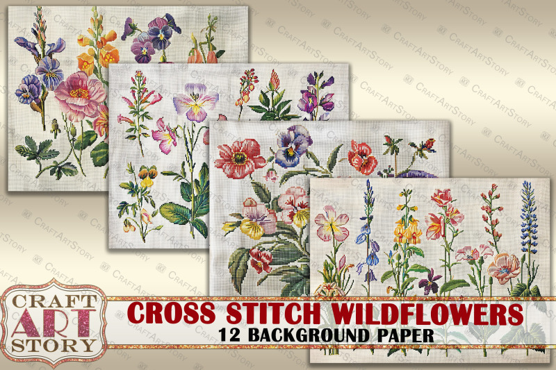 cross-stitch-wildflowers-background-paper-fabric-embroidery