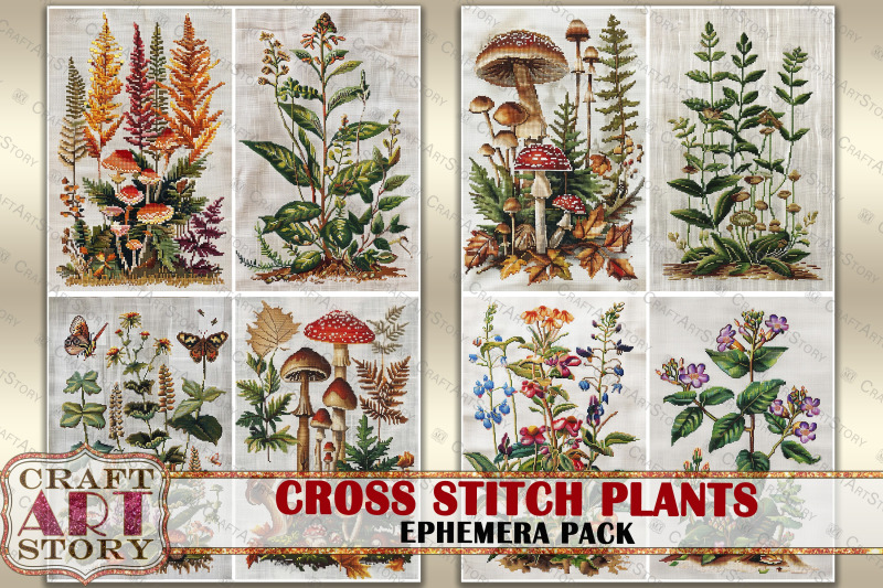 cross-stitch-plants-ephemera-pack-junk-journal-fabric