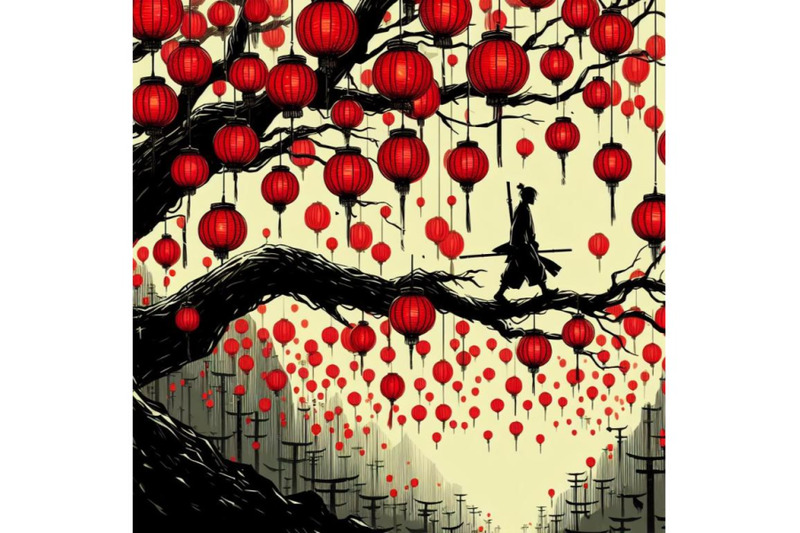 man-walking-on-a-tree-branch-with-many-red-lanterns-on-background-dig