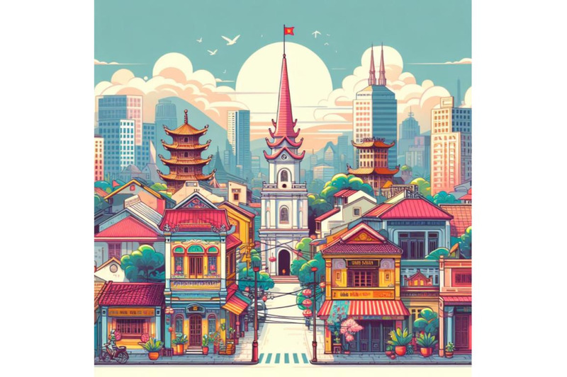 vietnam-city-skyline-vector-art-abstract-street-with-pagoda-and-churc