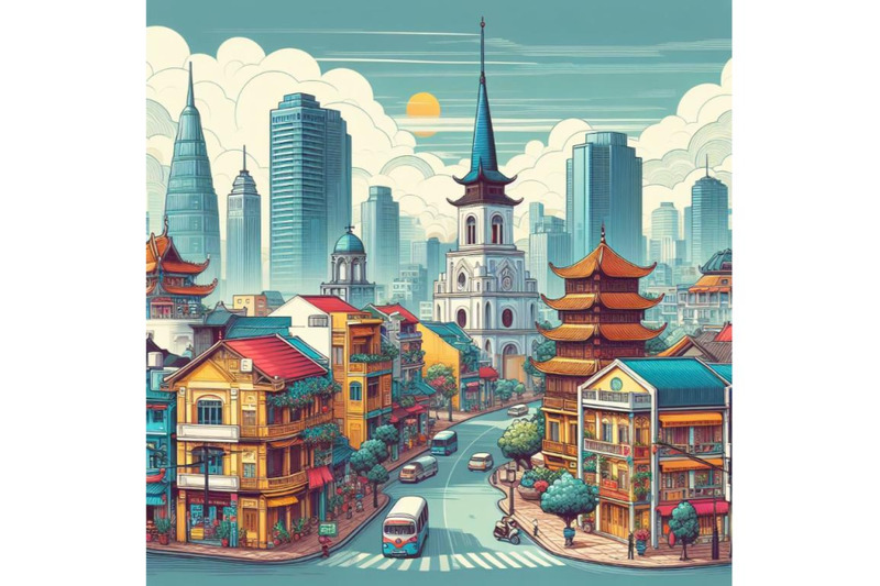 vietnam-city-skyline-vector-art-abstract-street-with-pagoda-and-churc