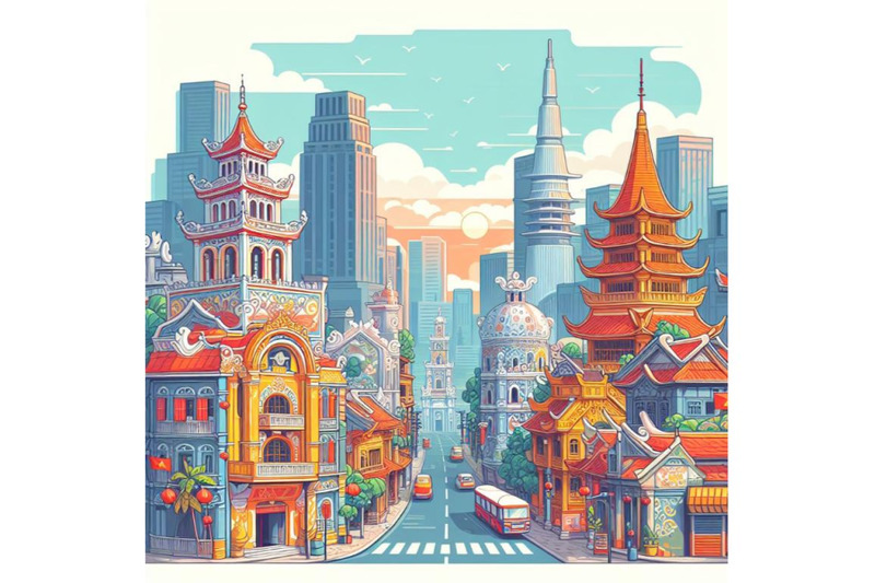 vietnam-city-skyline-vector-art-abstract-street-with-pagoda-and-churc