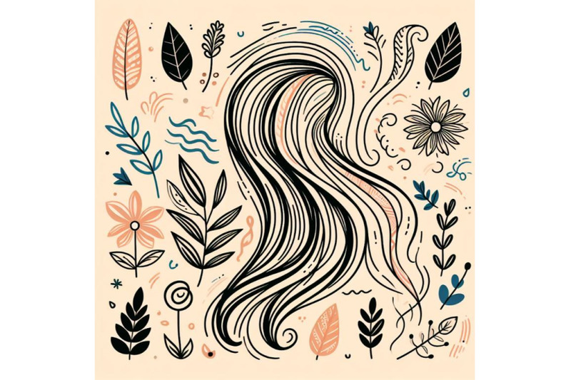 vector-hand-drawn-long-hair-leave-flower-abstract-shape-doodle