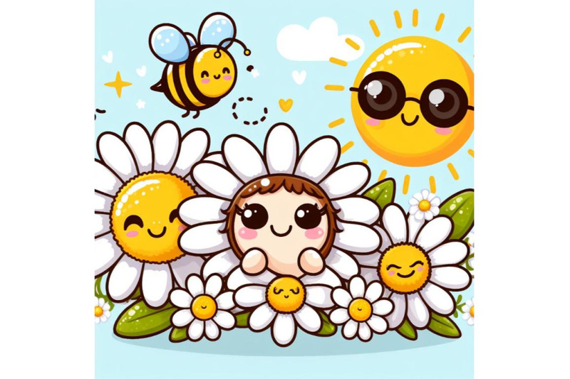 vector-cute-happy-cheeky-daisy-flowers-portrait-with-bee-and-sun