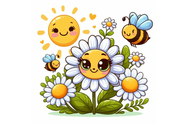vector-cute-happy-cheeky-daisy-flowers-portrait-with-bee-and-sun