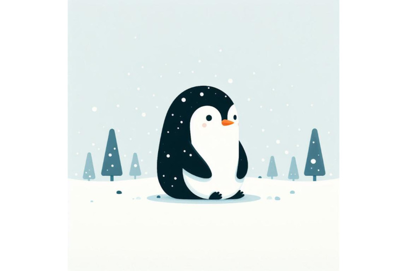 minimalistic-penguin-sitting-in-snowy-field-on-white-background