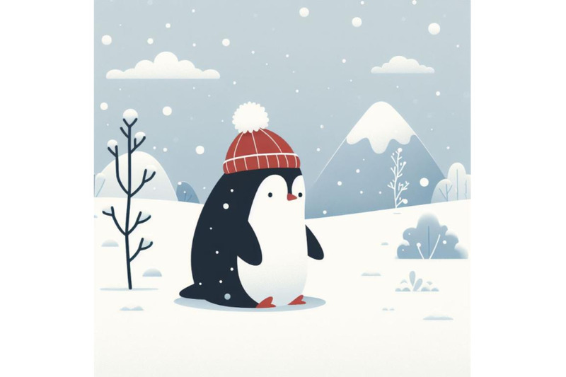 minimalistic-penguin-sitting-in-snowy-field-on-white-background