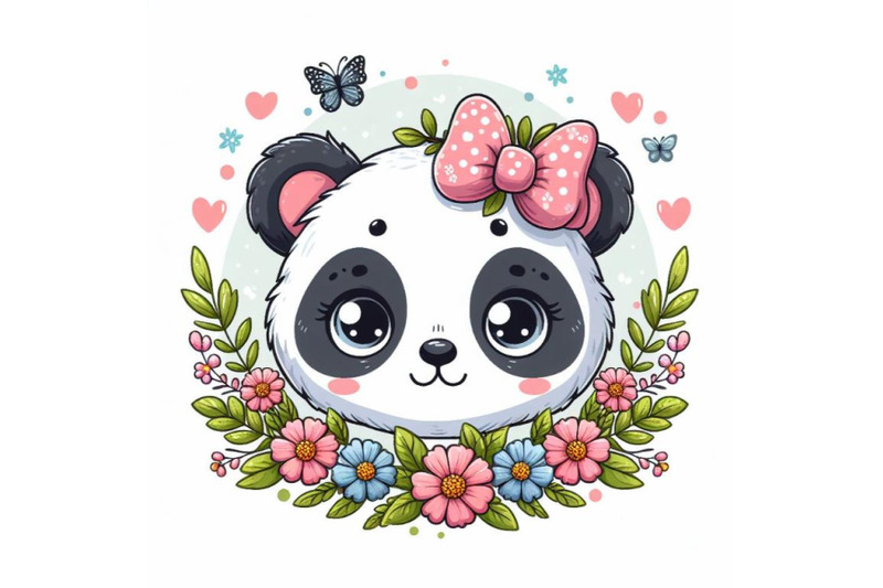 panda-cute-animal-baby-face-with-flowers-and-leaves-elements-vector-il