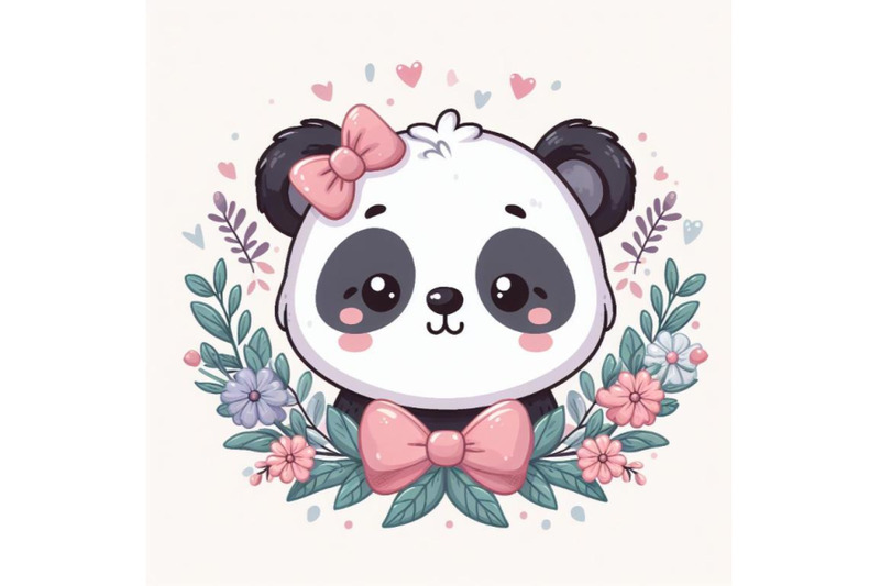 panda-cute-animal-baby-face-with-flowers-and-leaves-elements-vector-il