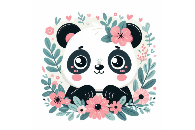 panda-cute-animal-baby-face-with-flowers-and-leaves-elements-vector-il