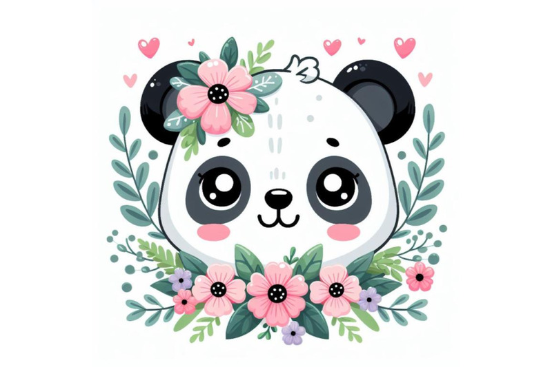 panda-cute-animal-baby-face-with-flowers-and-leaves-elements-vector-il