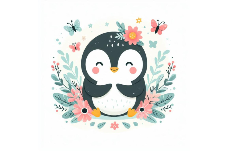 penguin-cute-animal-baby-face-with-flowers-and-leaves-elements-vector