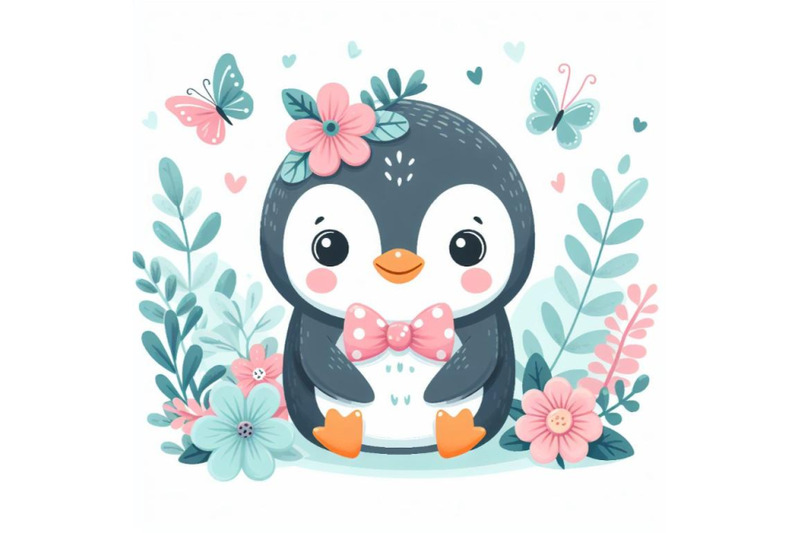 penguin-cute-animal-baby-face-with-flowers-and-leaves-elements-vector