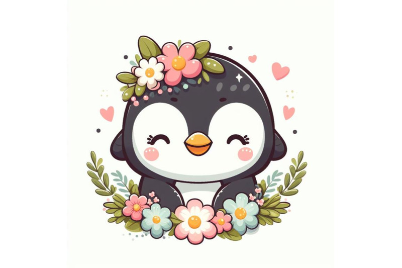 penguin-cute-animal-baby-face-with-flowers-and-leaves-elements-vector