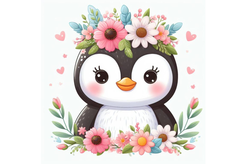penguin-cute-animal-baby-face-with-flowers-and-leaves-elements-vector