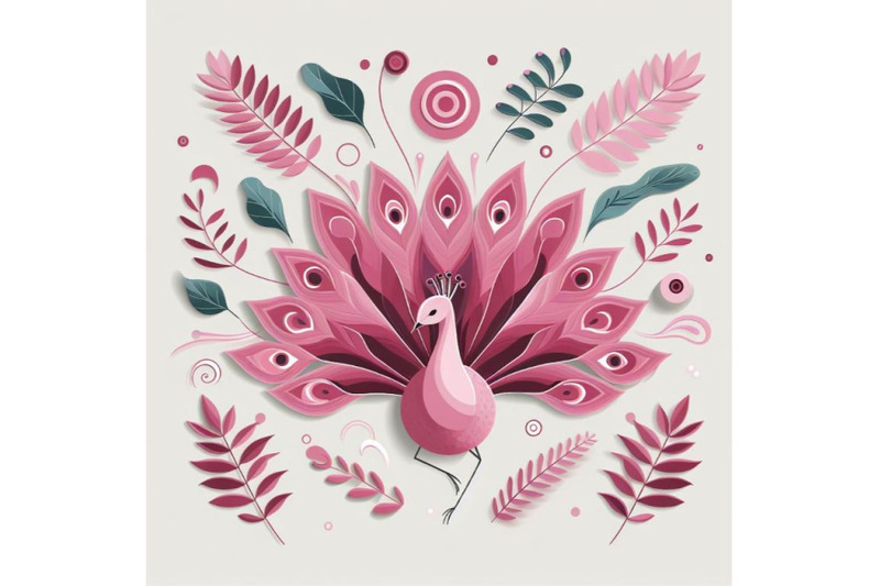 pink-peacock-wall-art-with-abstract-leaves-as-its-wings