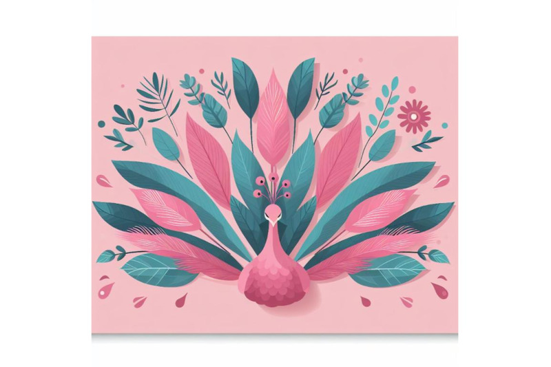 pink-peacock-wall-art-with-abstract-leaves-as-its-wings