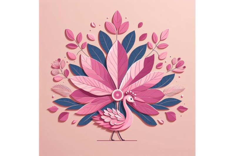 pink-peacock-wall-art-with-abstract-leaves-as-its-wings