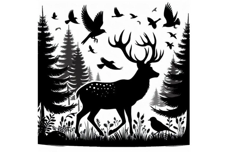 silhouette-of-a-deer-with-pine-forest-and-birds-black-and-white-color