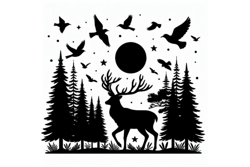 silhouette-of-a-deer-with-pine-forest-and-birds-black-and-white-color