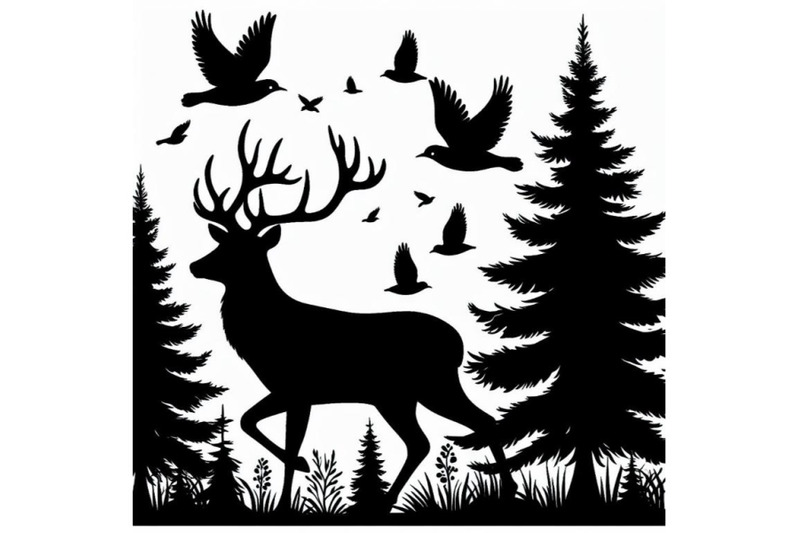 silhouette-of-a-deer-with-pine-forest-and-birds-black-and-white-color