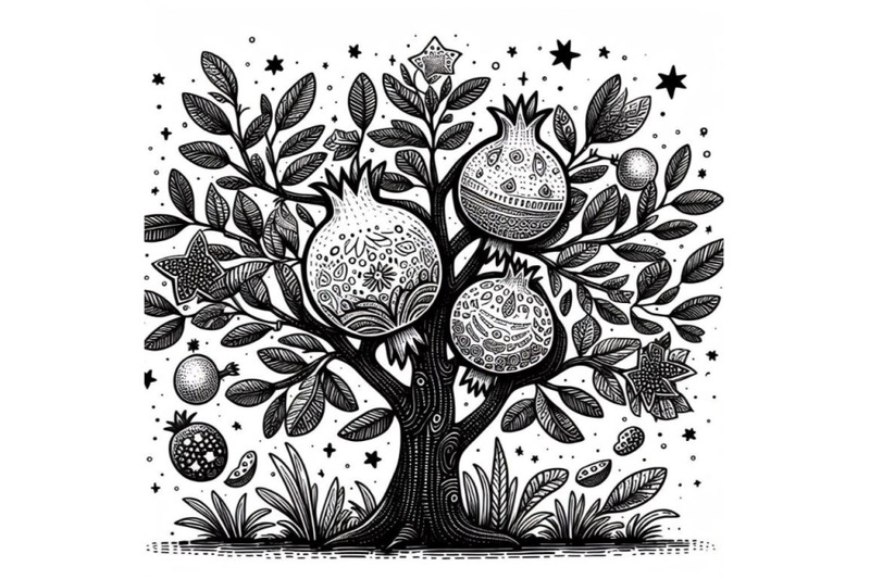 pomegranate-tree-kids-illustration-black-and-white-doodle-art