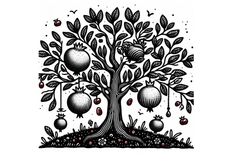 pomegranate-tree-kids-illustration-black-and-white-doodle-art