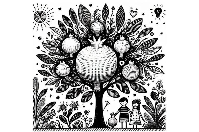 pomegranate-tree-kids-illustration-black-and-white-doodle-art