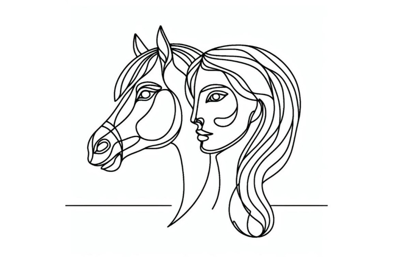 one-line-drawing-horse-and-woman-heads