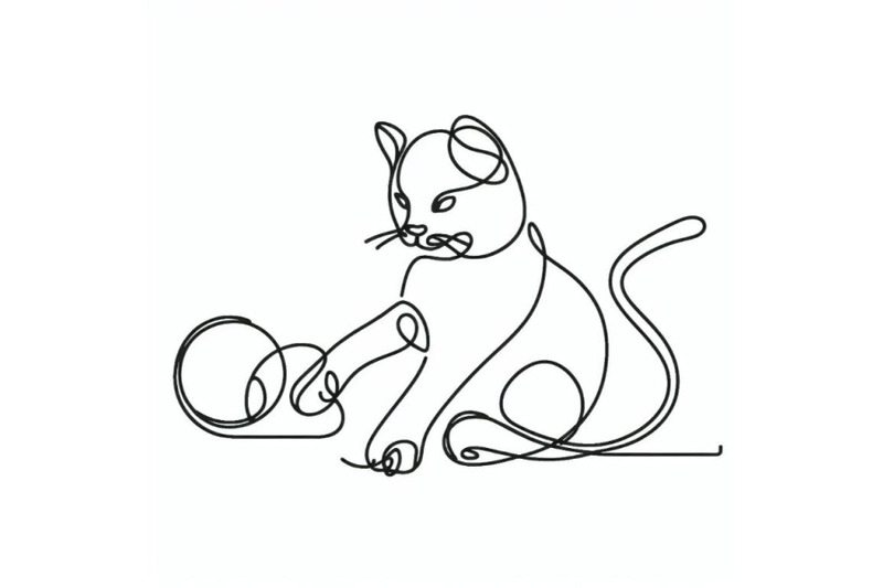 one-line-minimalist-continuous-linear-sketch-cat-playing-with-ball