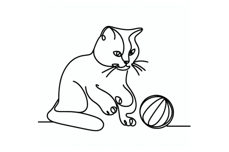 one-line-minimalist-continuous-linear-sketch-cat-playing-with-ball