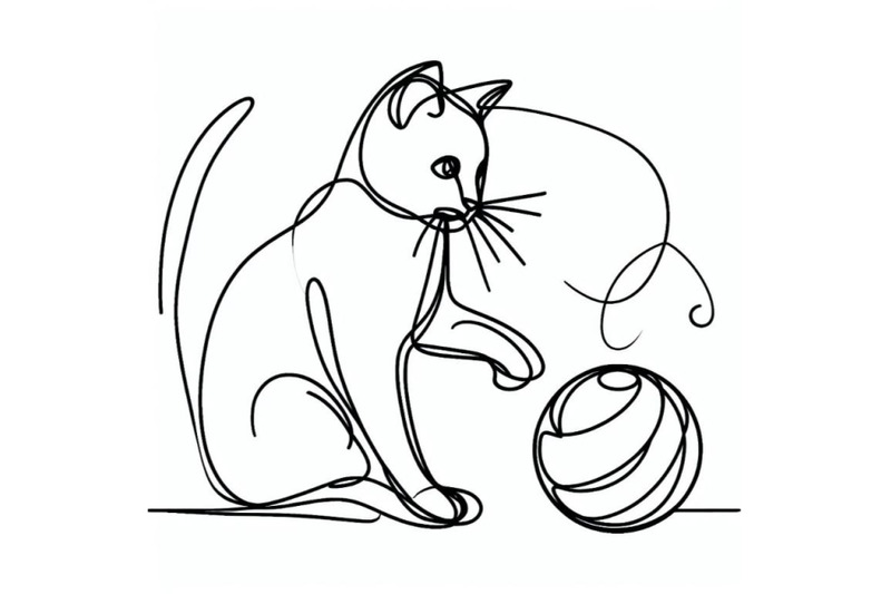 one-line-minimalist-continuous-linear-sketch-cat-playing-with-ball