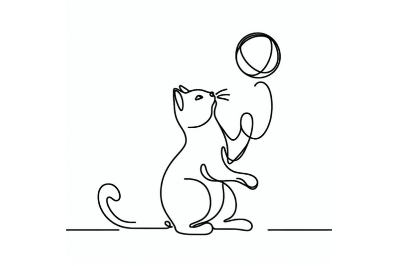 one-line-minimalist-continuous-linear-sketch-cat-playing-with-ball