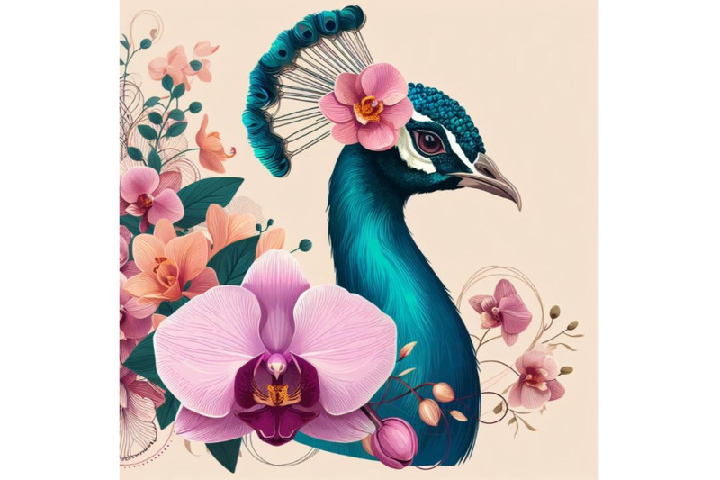 beautiful-peacock-portrait-with-minimal-shape-tropical-florals-orchid