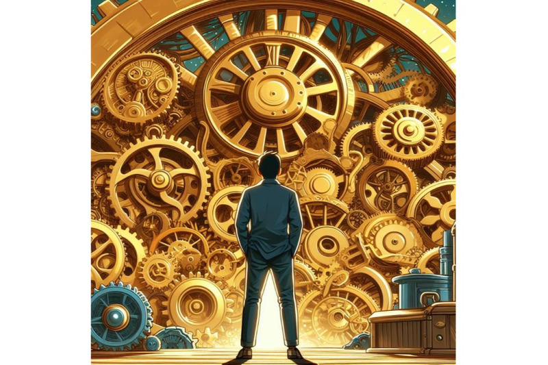 man-standing-in-front-of-the-big-golden-clockwork-digital-art