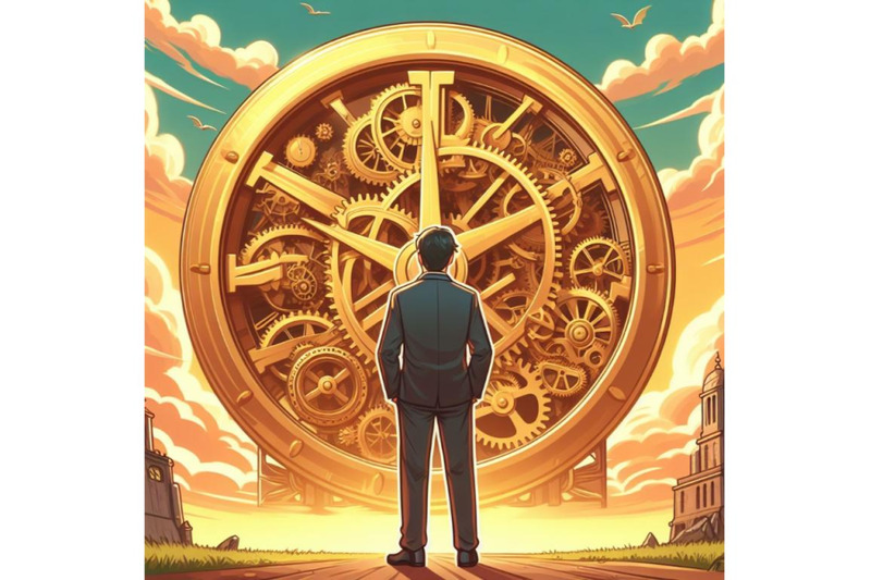 man-standing-in-front-of-the-big-golden-clockwork-digital-art