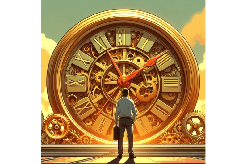 man-standing-in-front-of-the-big-golden-clockwork-digital-art