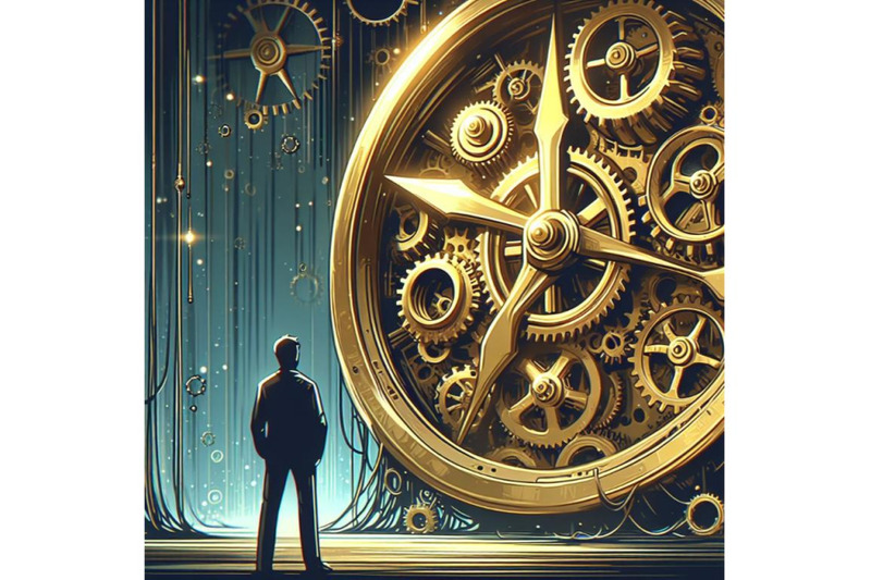 man-standing-in-front-of-the-big-golden-clockwork-digital-art