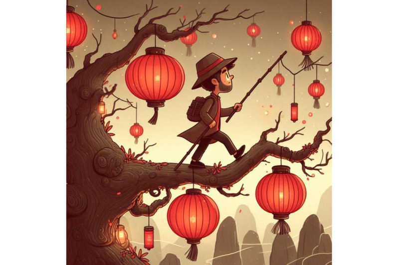 man-walking-on-tree-branch-with-red-lanterns-digital-art