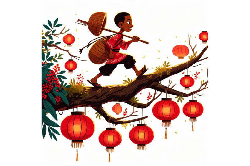 man-walking-on-tree-branch-with-red-lanterns-digital-art