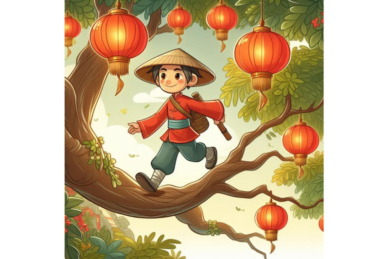 man-walking-on-tree-branch-with-red-lanterns-digital-art