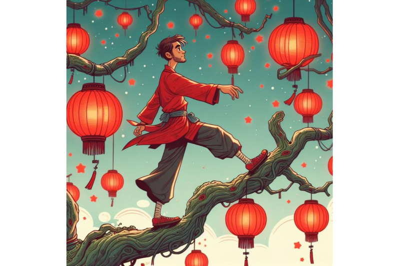 man-walking-on-tree-branch-with-red-lanterns-digital-art