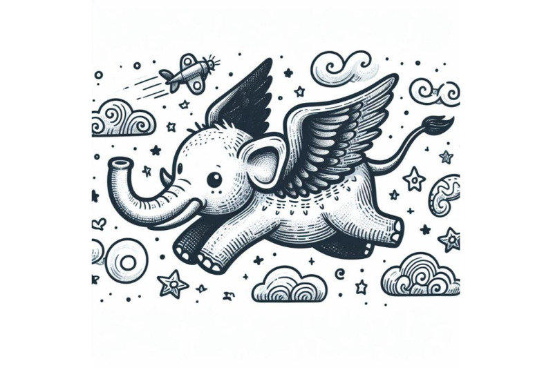 flying-elephant-doodle-art-on-white-background