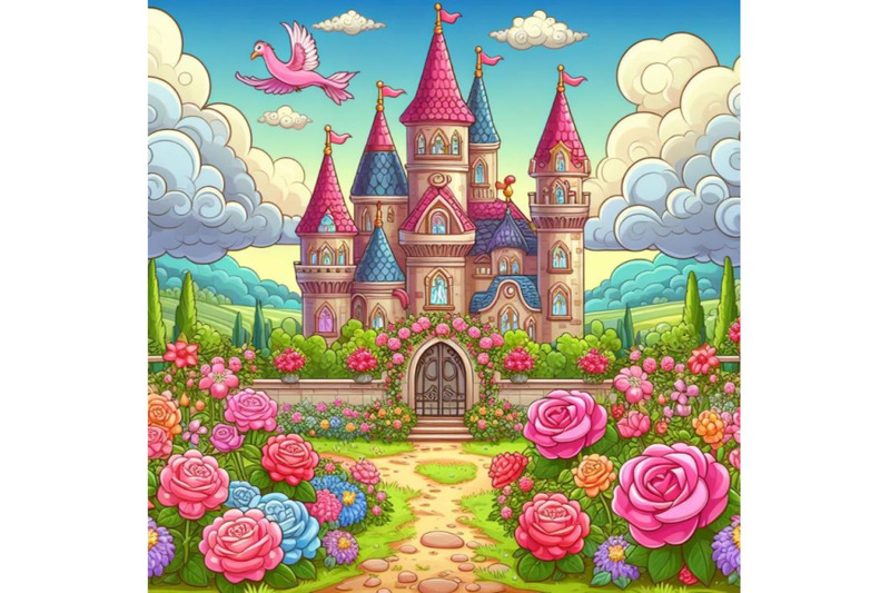 fantasy-garden-castle-with-many-flowers-roses-and-clouds