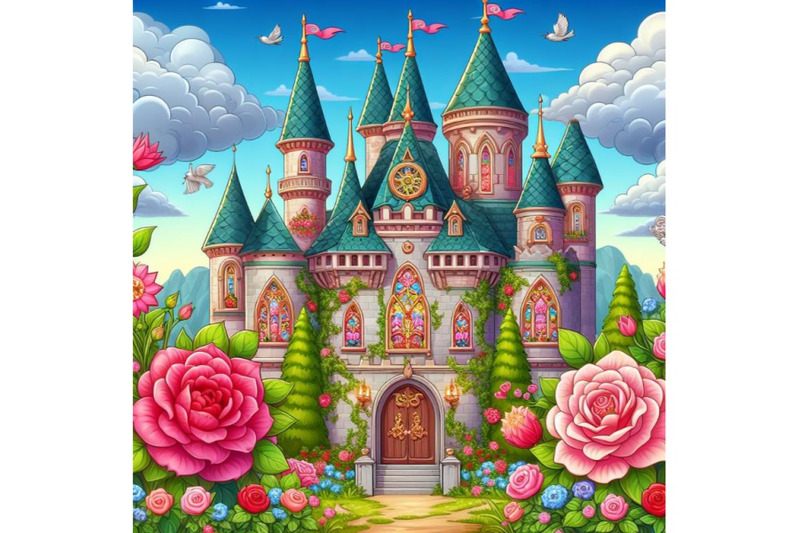 fantasy-garden-castle-with-many-flowers-roses-and-clouds