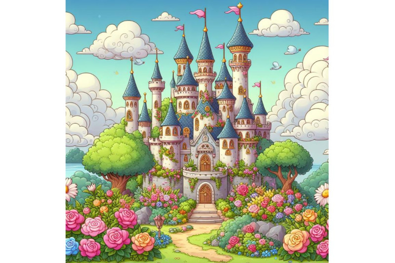 fantasy-garden-castle-with-many-flowers-roses-and-clouds